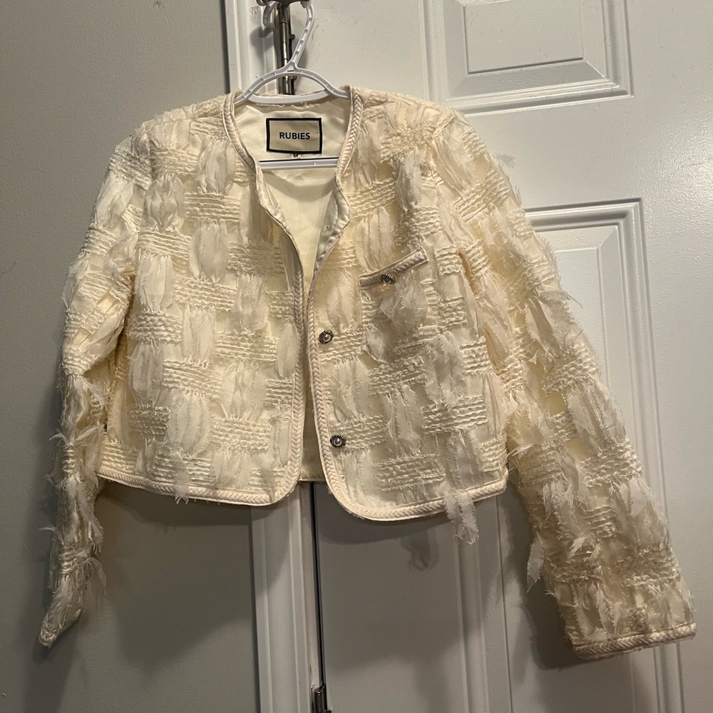 Vintage Rubie's Cream Textured Fringe Cropped Blazer Jacket Y2K